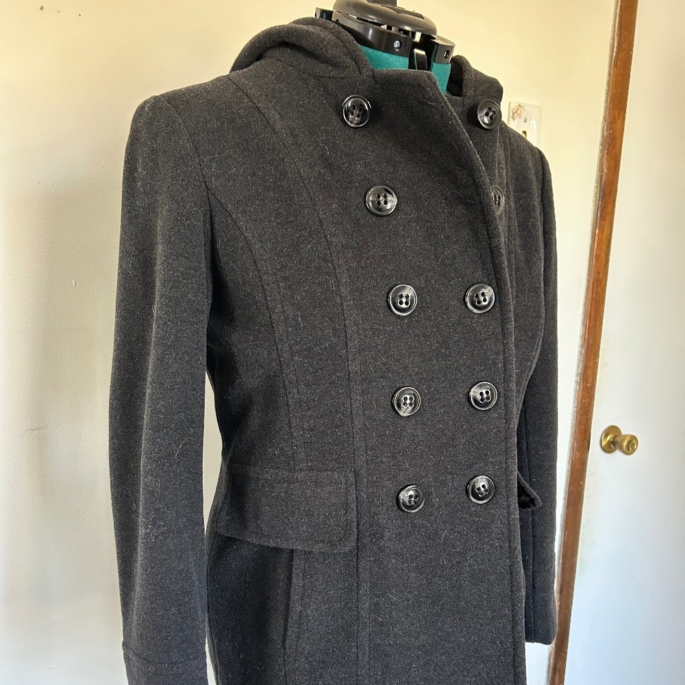 London Fog Charcoal Gray Double-Breasted Pea Coat with Hood